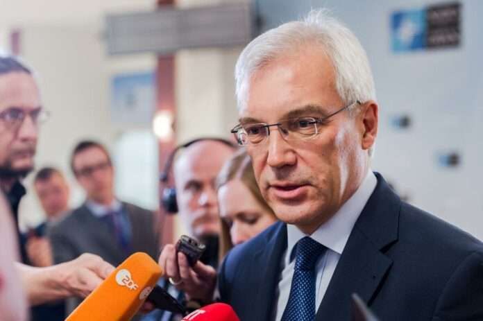 Alexander Grushko talks with journalists after a NATO Russia Council
