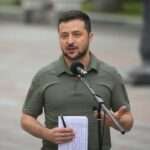 Ukrainian President Volodymyr Zelenskyy speaks during joint press conference